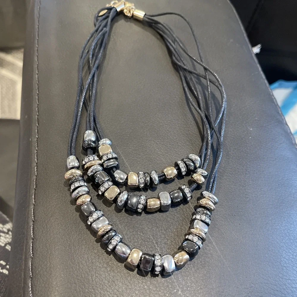 ST. THOMAS Necklace Multi-strand layered gold tone Black Rope Signed
